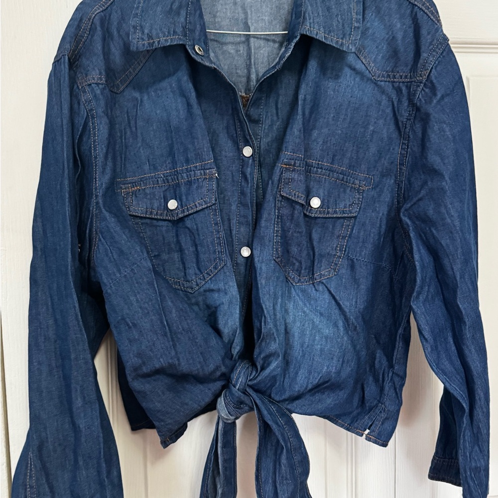 Denim Button-Up Shirt with Tie Front - Picture 2 of 2